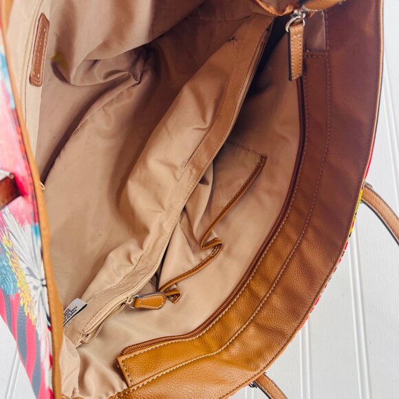 Nine West Floral Stripe Tote Bag With Brown Handles & Interior Pockets - Picture 5 of 8